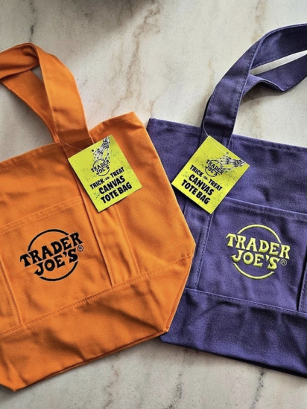 Trader Joe's Trick-or-Treat Mini Canvas Tote Bag Set Orange & Purple